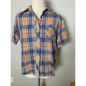 Vintage 60s Kmart Plaid Button Down Shirt Short Sleeve Blue Orange Multi Size 36